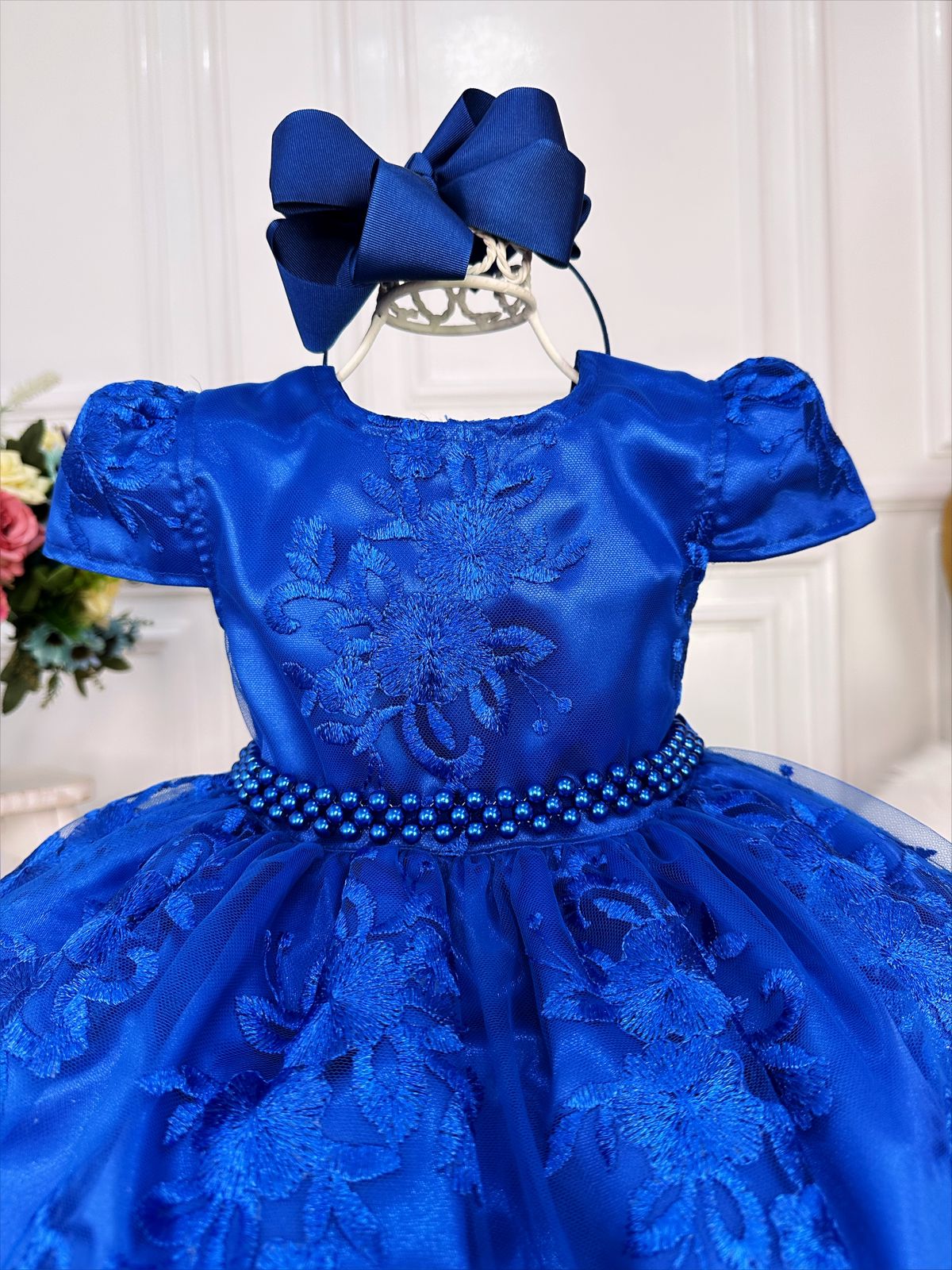 Vestido Infantil Azul Royal C/ Renda Realeza e Pérolas Luxo