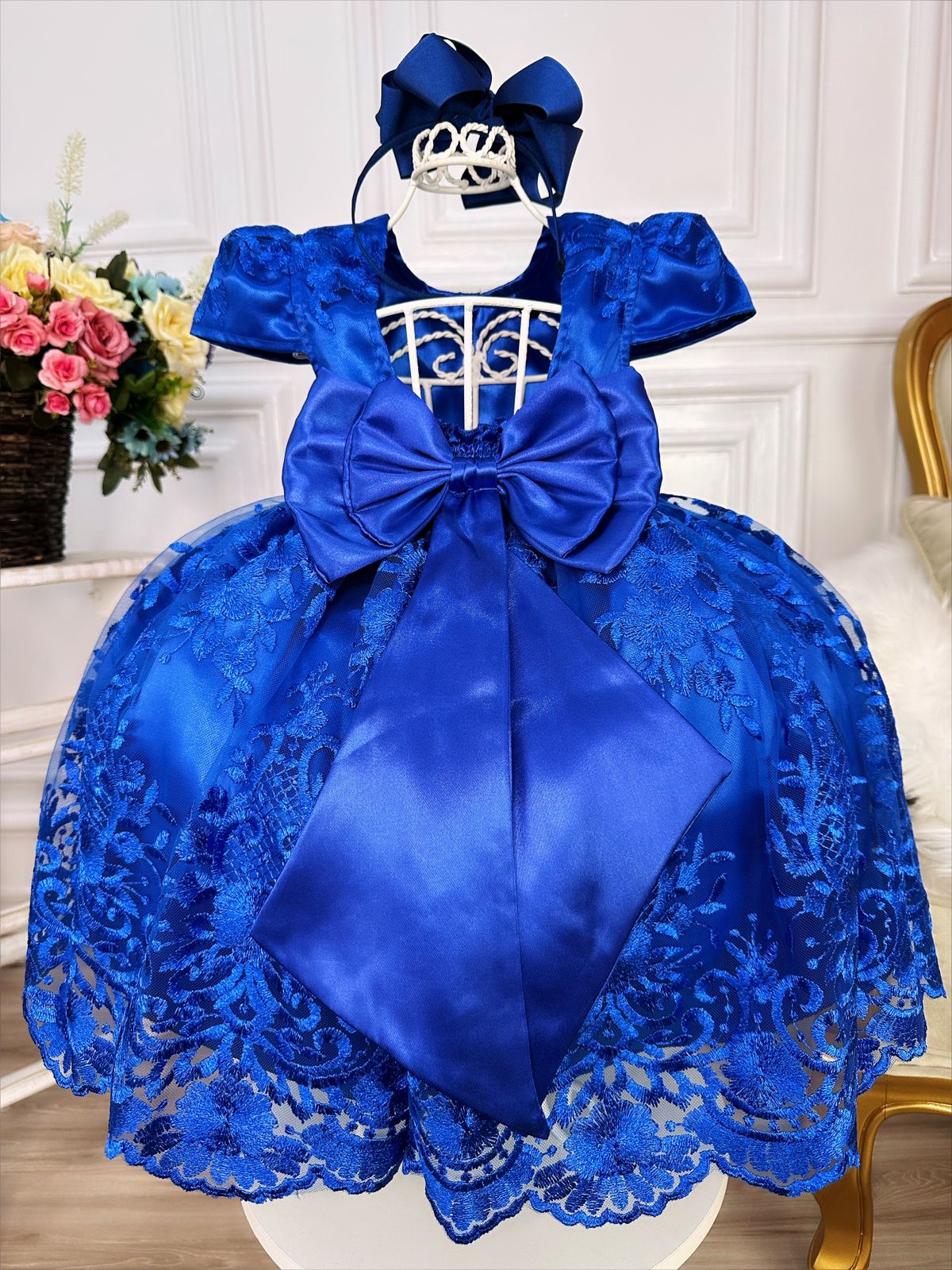 Vestido Infantil Azul Royal C/ Renda Realeza e Pérolas Luxo