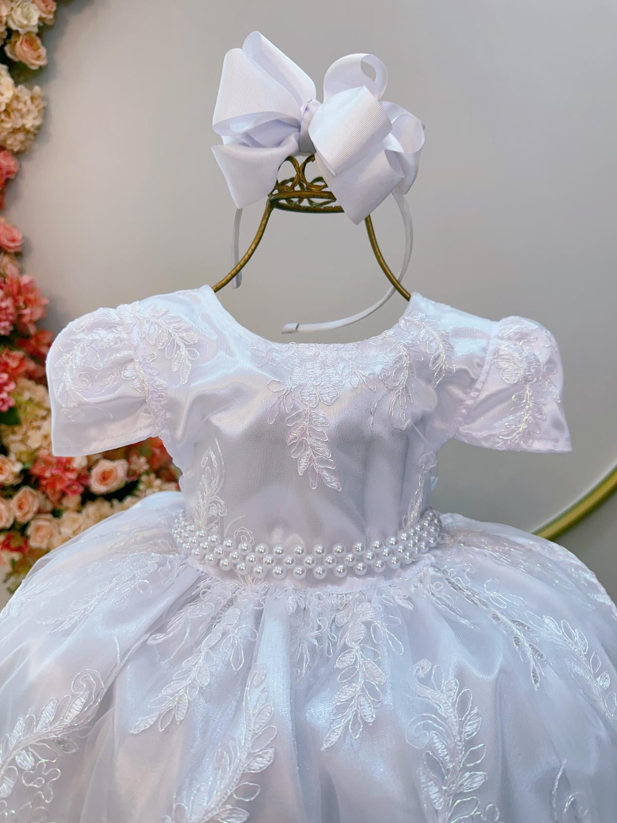 Vestido Infantil Branco C/ Renda Metalizada Casamento