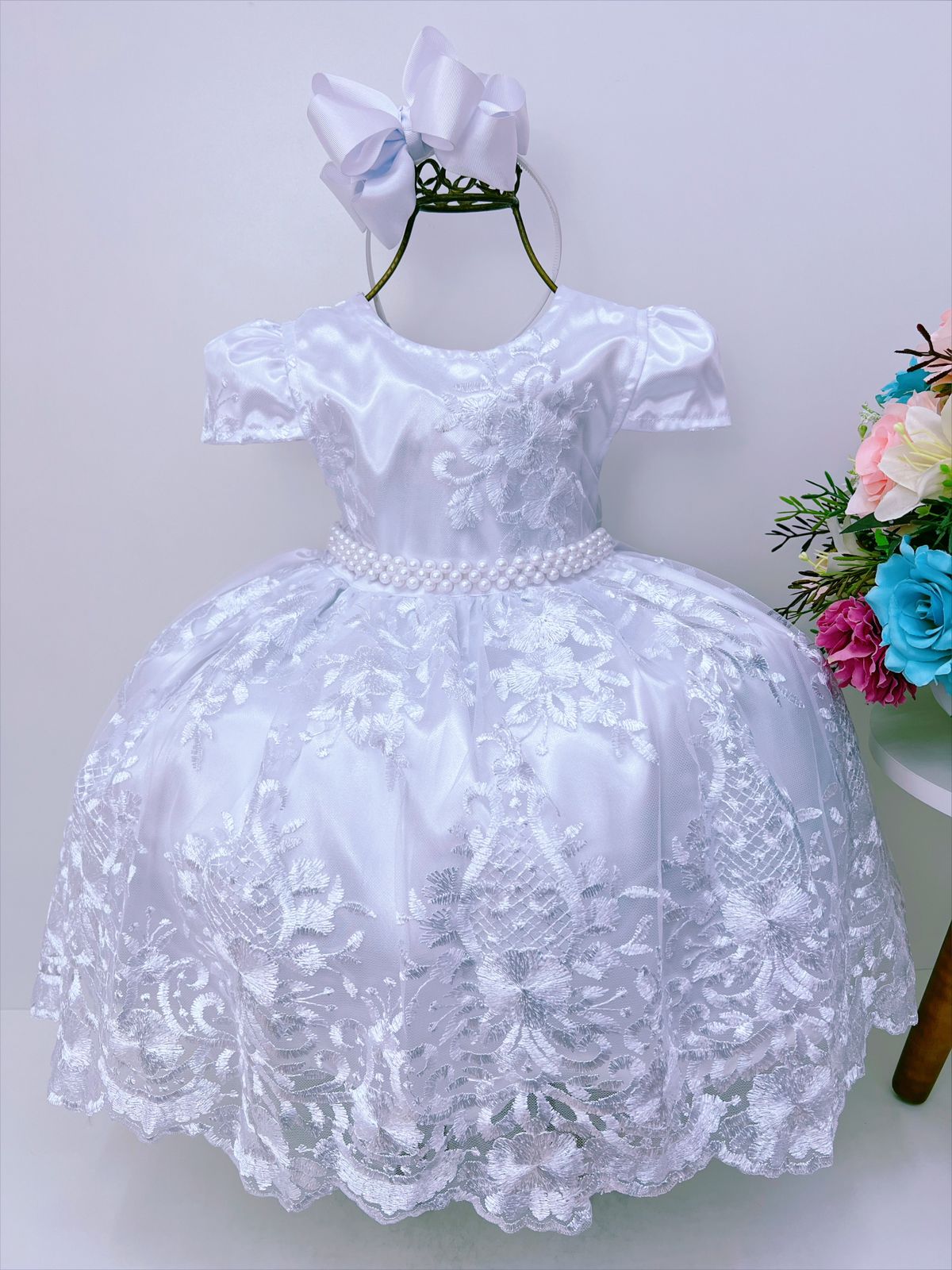 Vestido Infantil Branco Renda Branca Realeza Cinto Pérolas