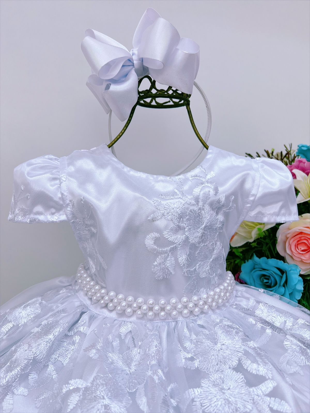 Vestido Infantil Branco Renda Branca Realeza Cinto Pérolas