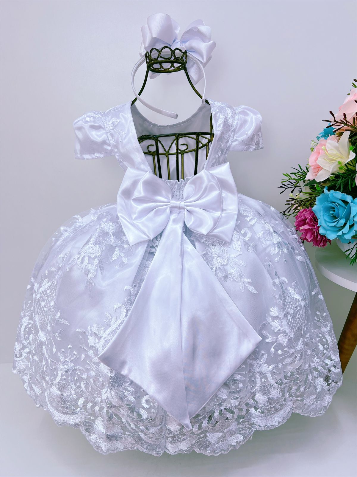 Vestido Infantil Branco Renda Branca Realeza Cinto Pérolas