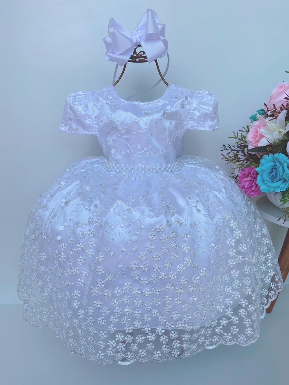 Vestido Infantil Branco Renda Luxo Realeza Pérolas