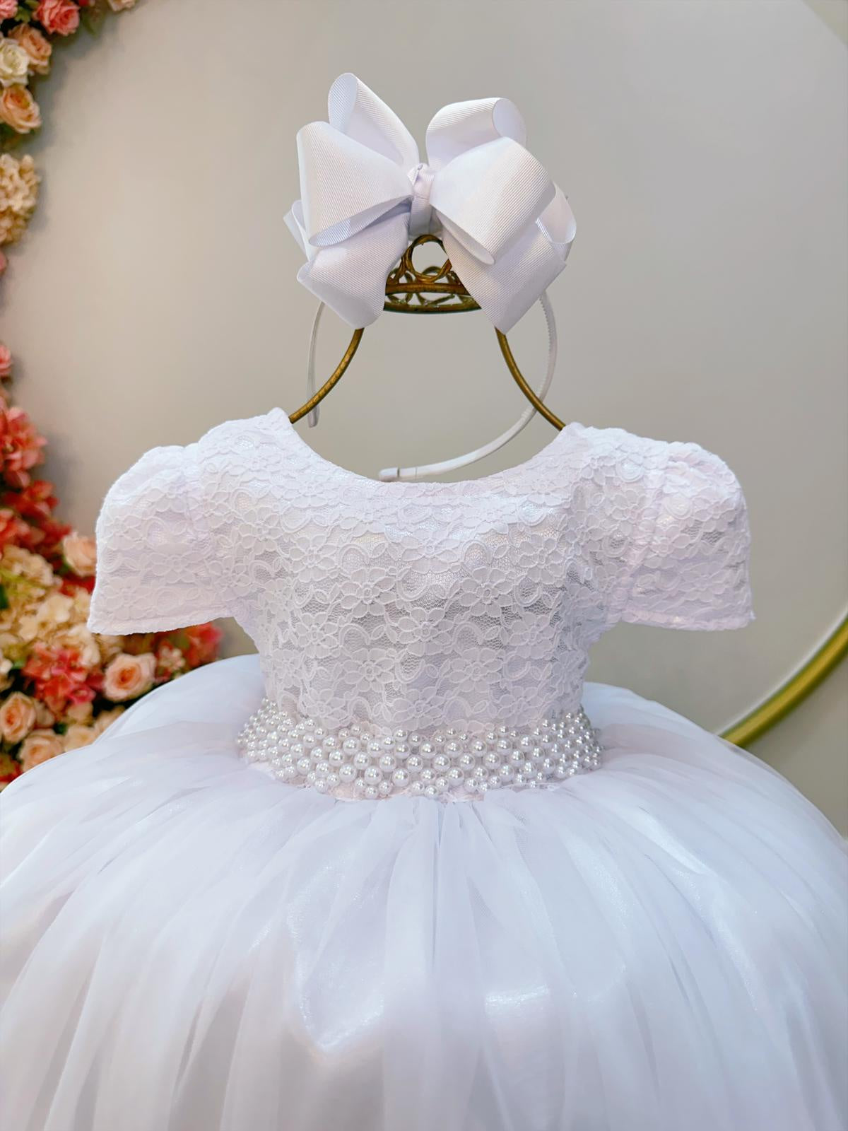 Vestido Infantil Branco Tule C/ Renda Casamento Luxo