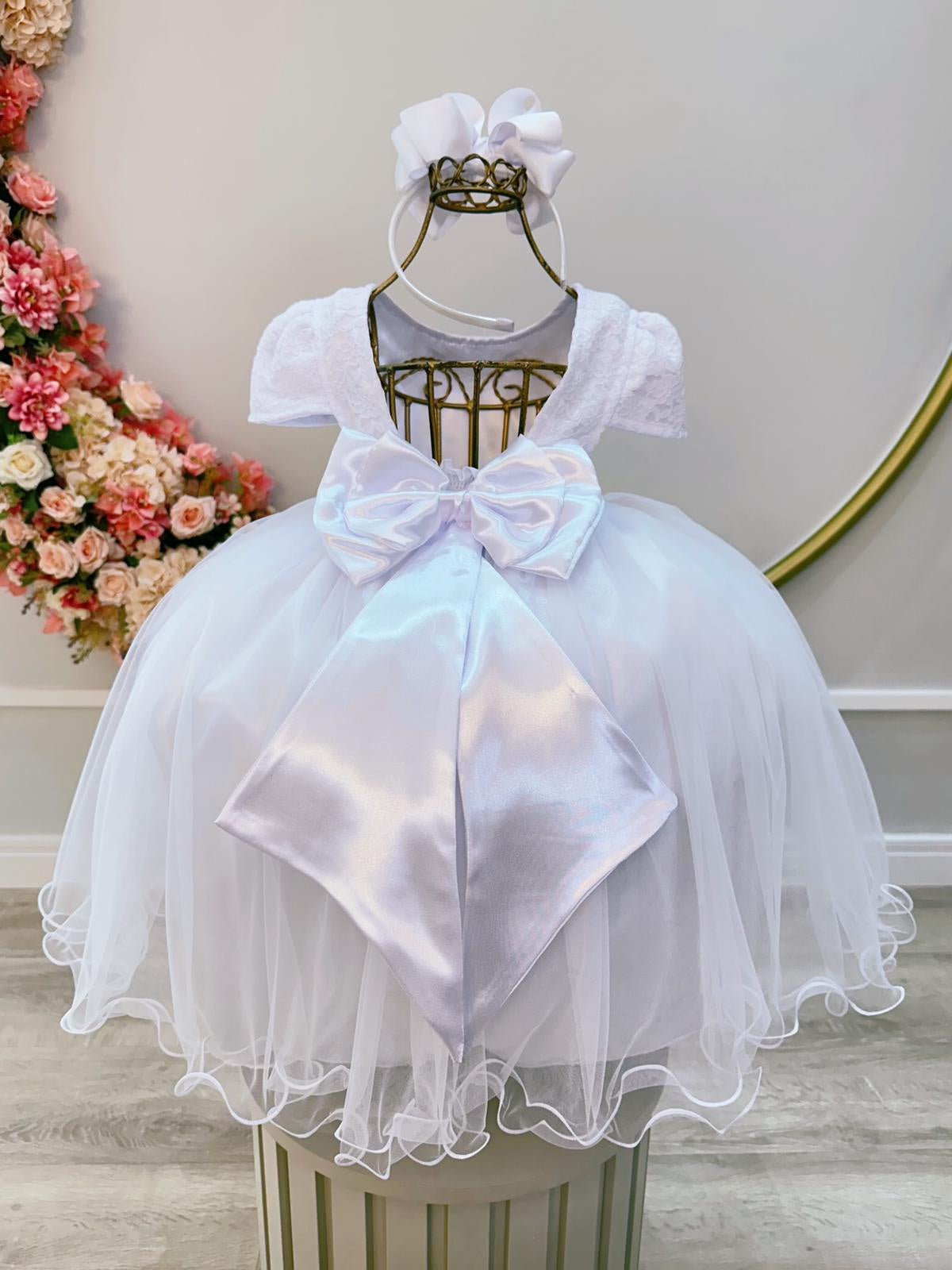 Vestido Infantil Branco Tule C/ Renda Casamento Luxo