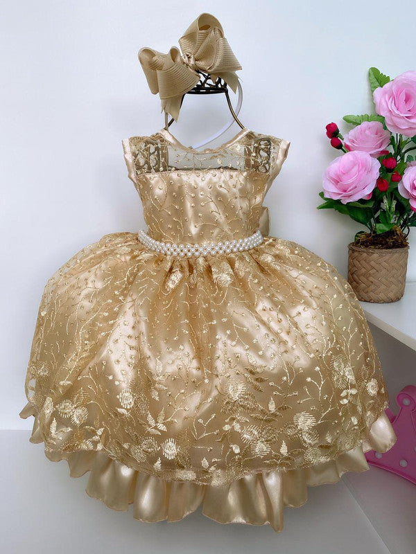 Vestido Infantil Dourado Renda Realeza Cinto Pérolas Luxo