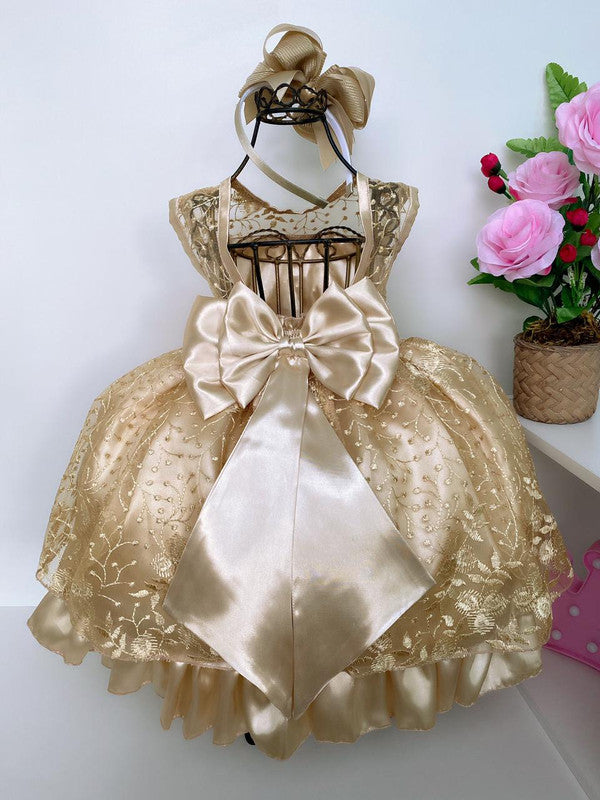 Vestido Infantil Dourado Renda Realeza Cinto Pérolas Luxo