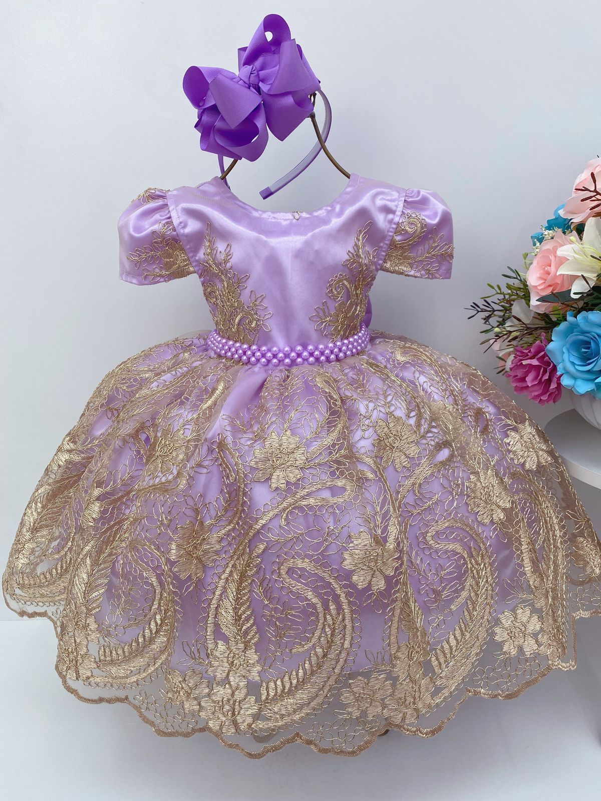 Vestido Infantil Lilás Renda Realeza Dourada Princesa