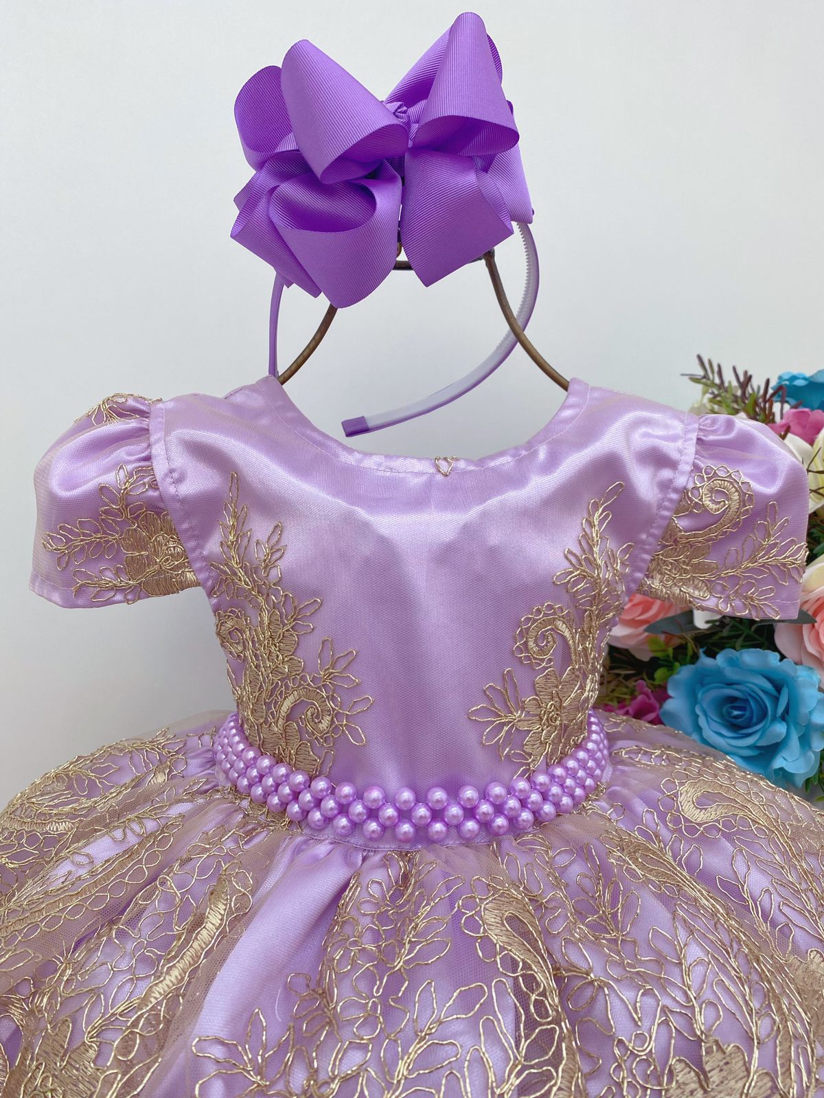 Vestido Infantil Lilás Renda Realeza Dourada Princesa