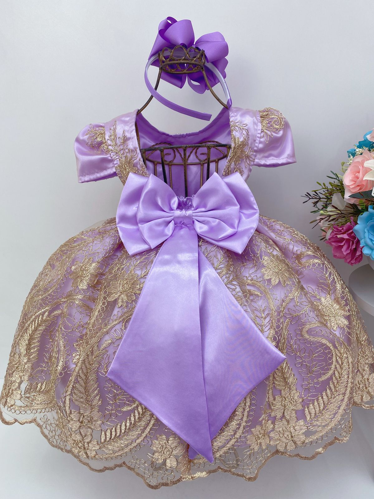 Vestido Infantil Lilás Renda Realeza Dourada Princesa