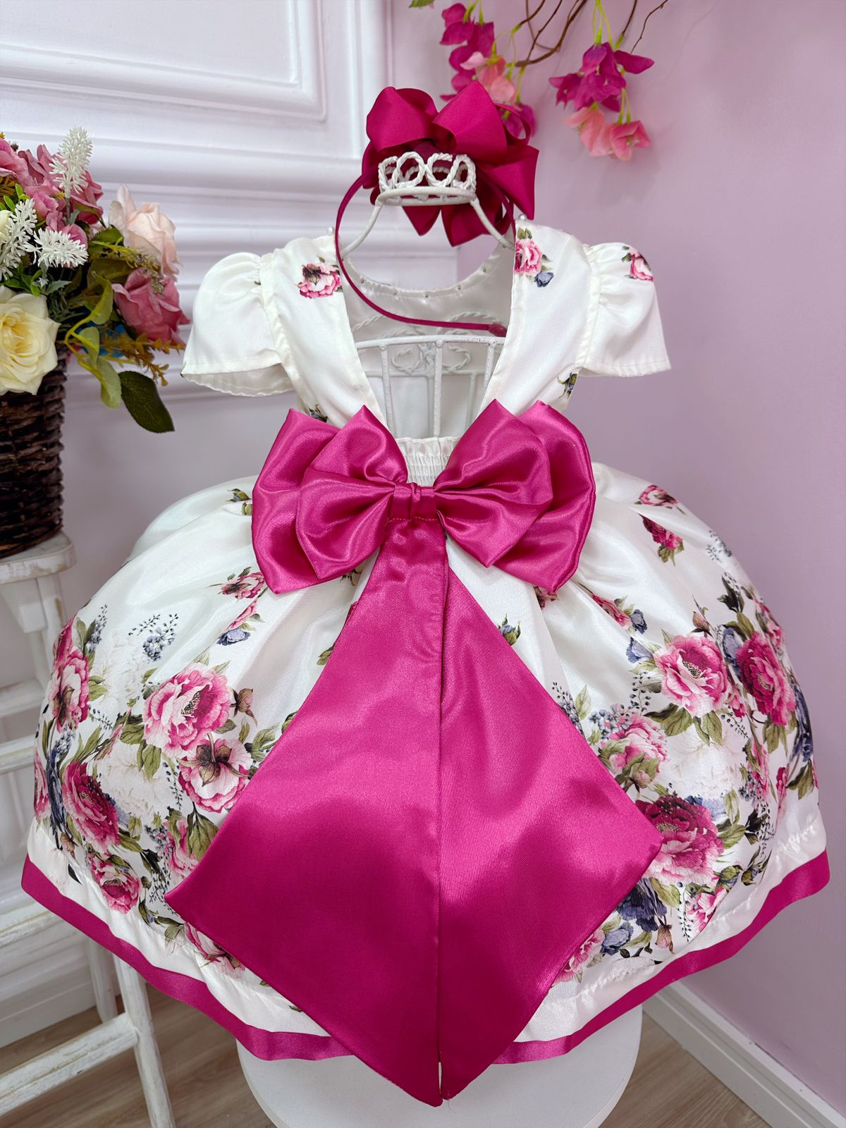 Vestido Infantil Marfim Florido Pink C/ Cinto de Pérolas