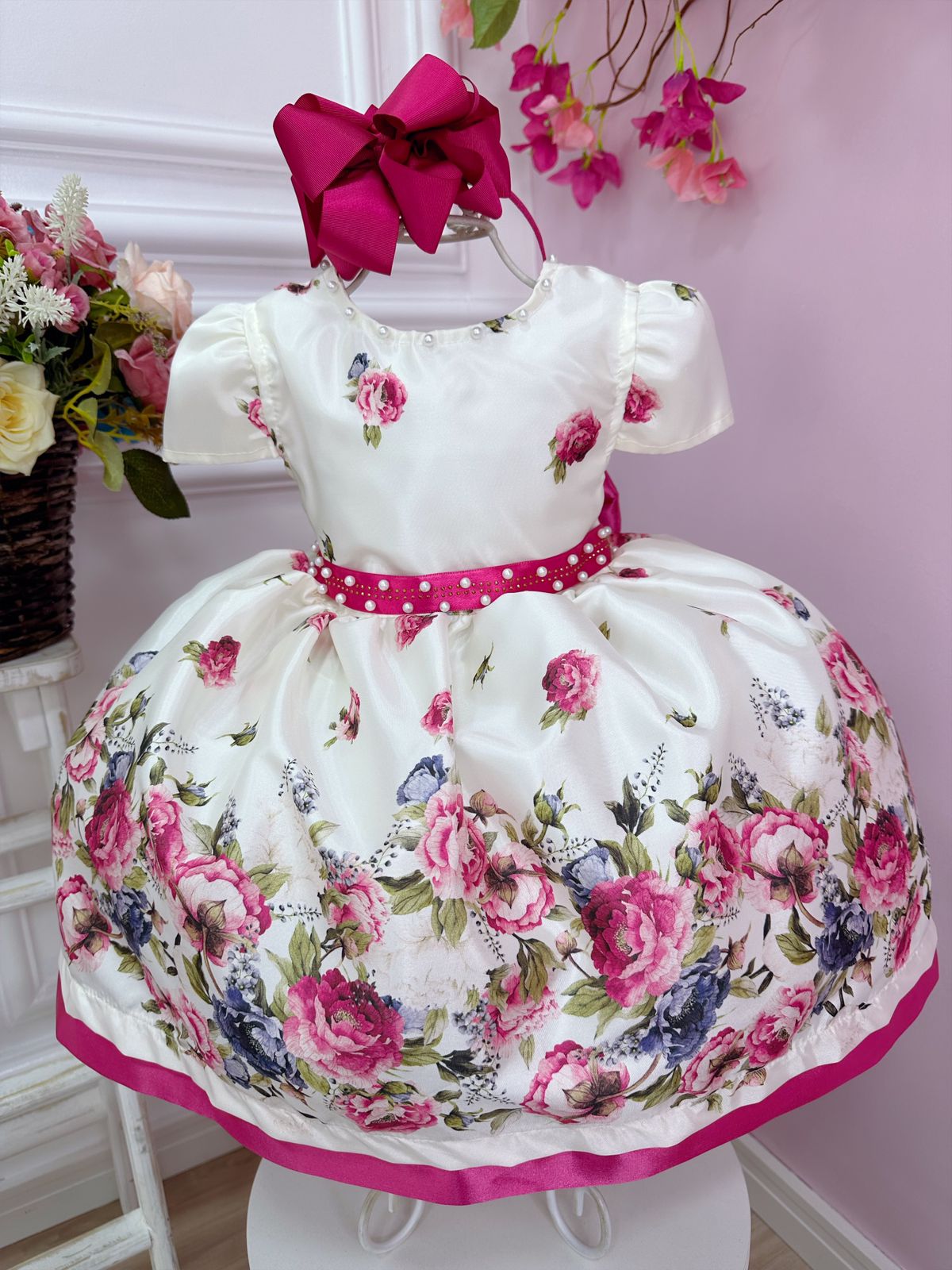 Vestido Infantil Marfim Florido Pink C/ Cinto de Pérolas