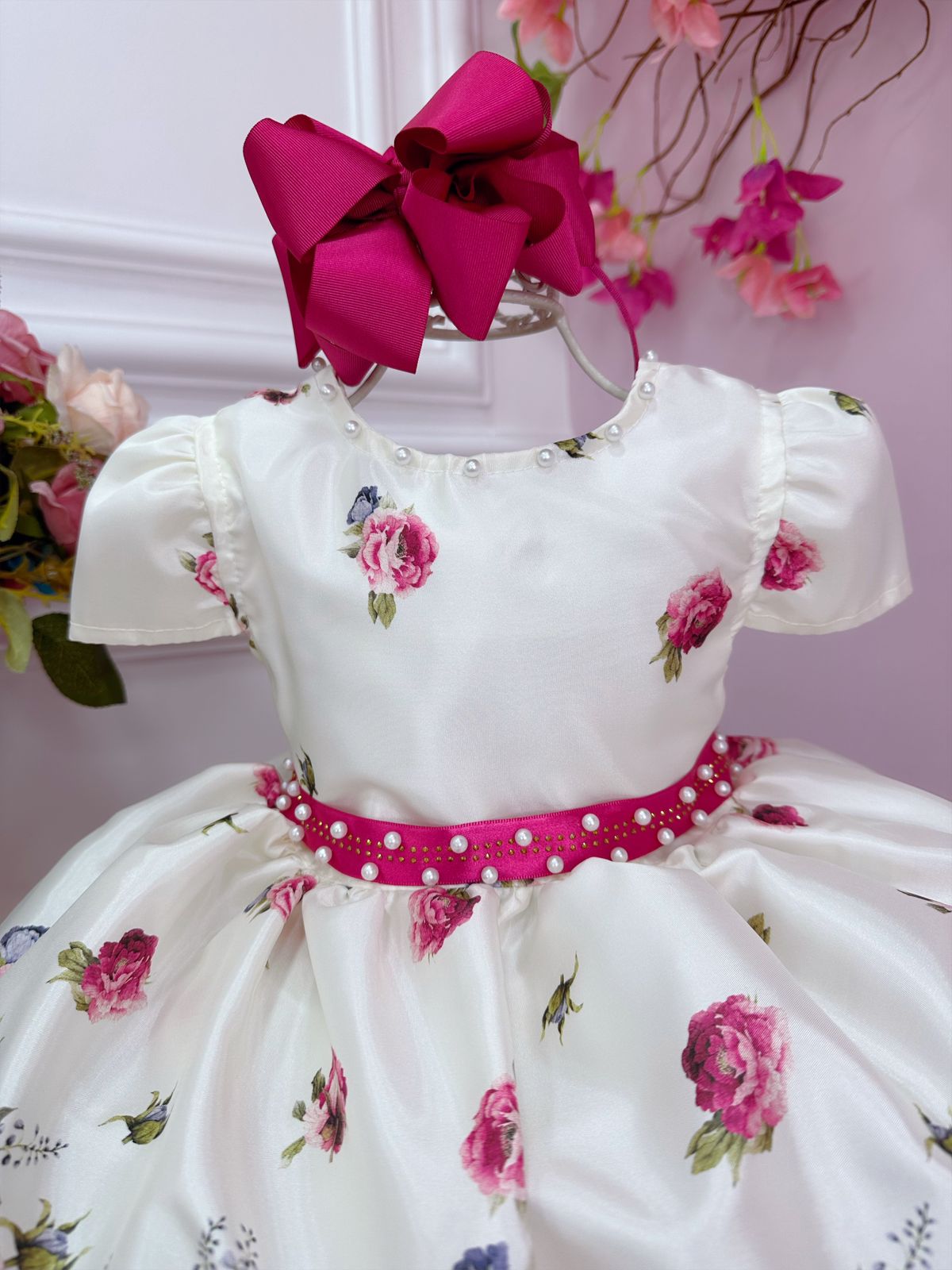 Vestido Infantil Marfim Florido Pink C/ Cinto de Pérolas