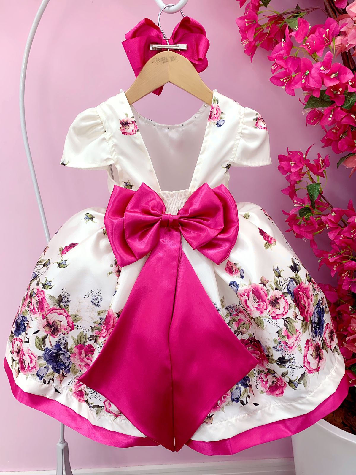 Vestido Infantil Marfim Florido Pink C/ Cinto de Pérolas