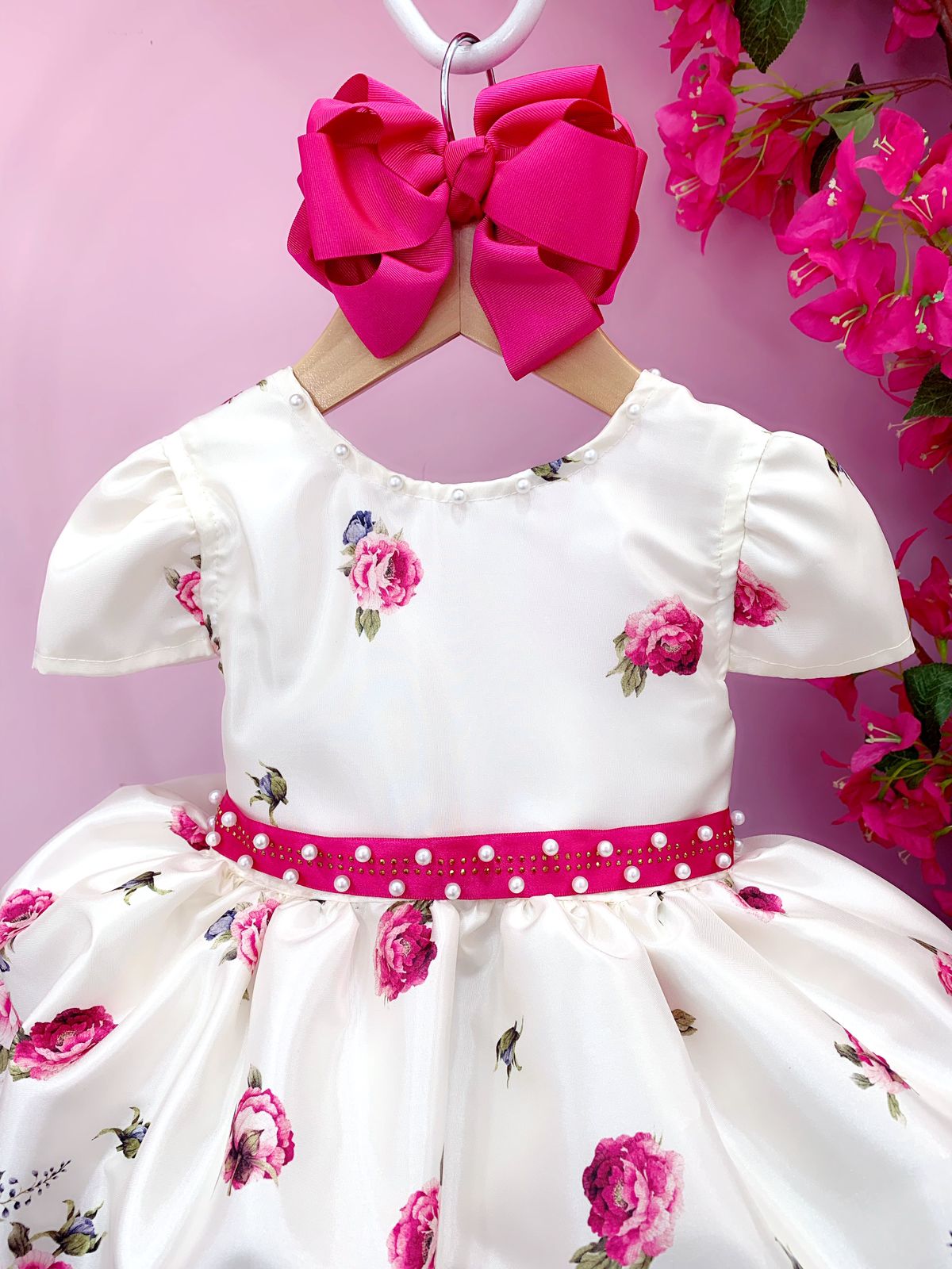 Vestido Infantil Marfim Florido Pink C/ Cinto de Pérolas