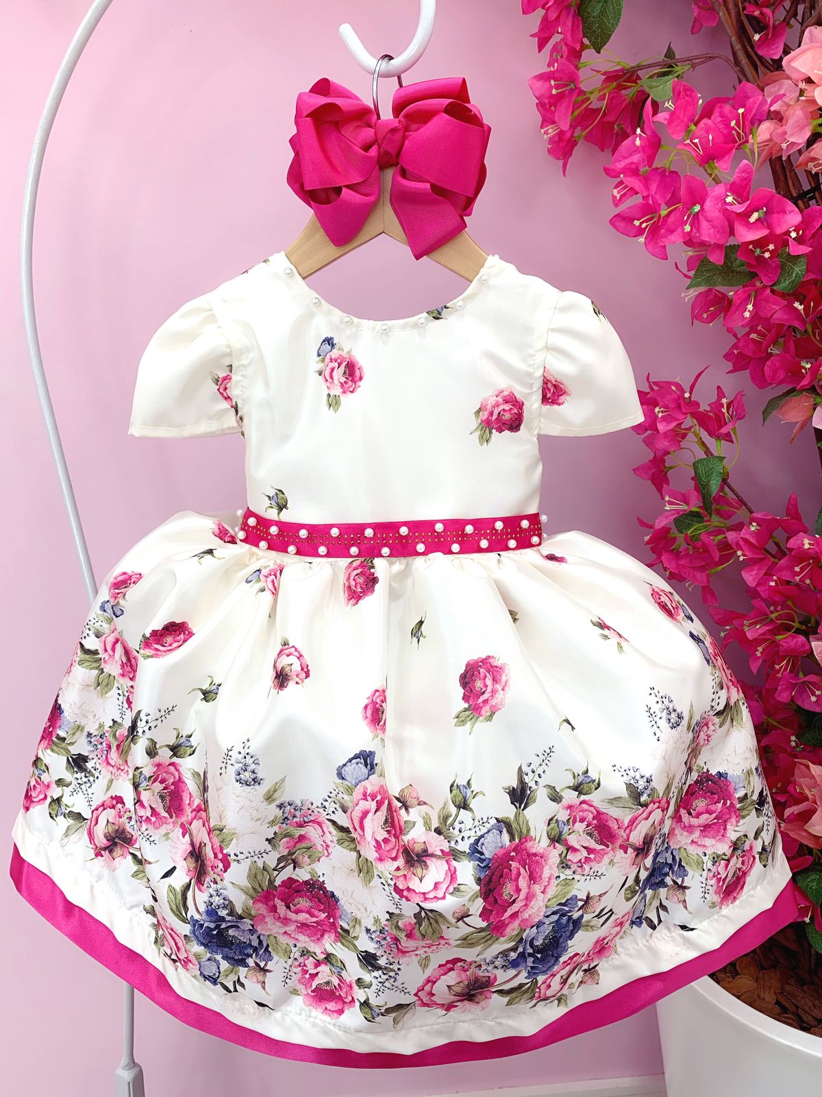 Vestido Infantil Marfim Florido Pink C/ Cinto de Pérolas