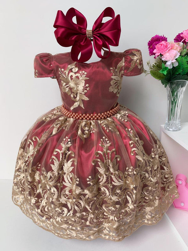 Vestido Infantil Marsala Renda Dourada Realeza Cinto Pérolas