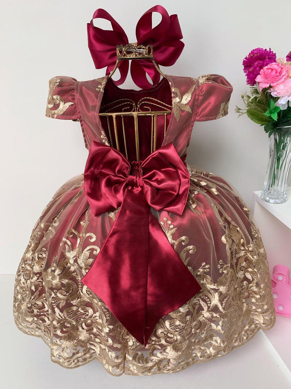 Vestido Infantil Marsala Renda Dourada Realeza Cinto Pérolas