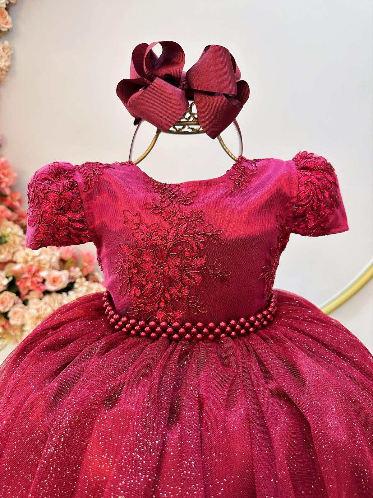Vestido Infantil Marsala Tule C/ Renda Metalizada Casamento