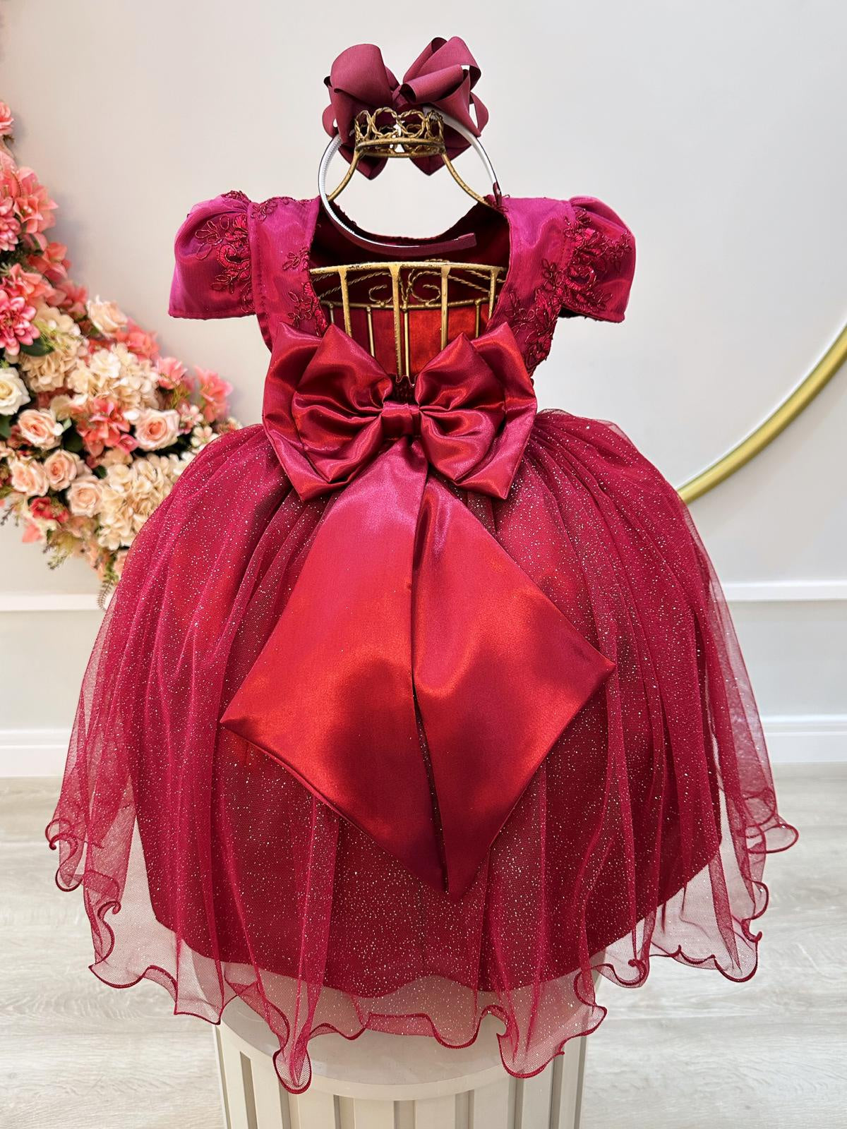 Vestido Infantil Marsala Tule C/ Renda Metalizada Casamento