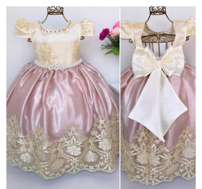 Vestido Infantil Nude e Marfim Damas Luxo Festas Casamento