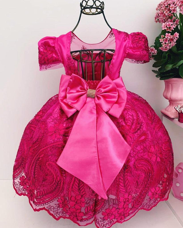 Vestido Infantil Pink Renda Realeza Cinto Strass Princesa