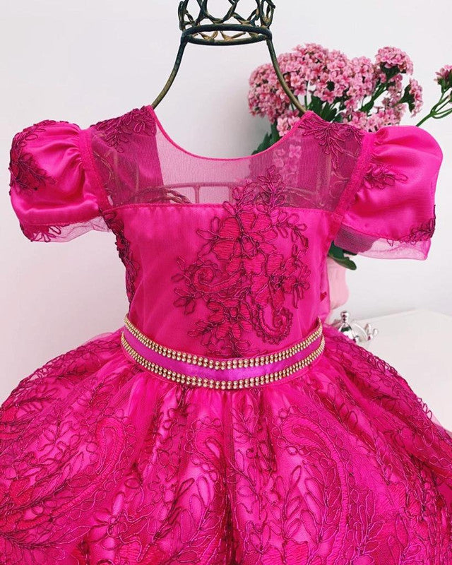 Vestido Infantil Pink Renda Realeza Cinto Strass Princesa