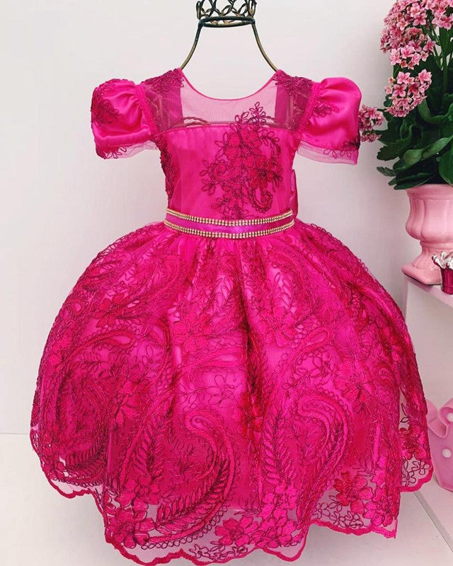 Vestido Infantil Pink Renda Realeza Cinto Strass Princesa