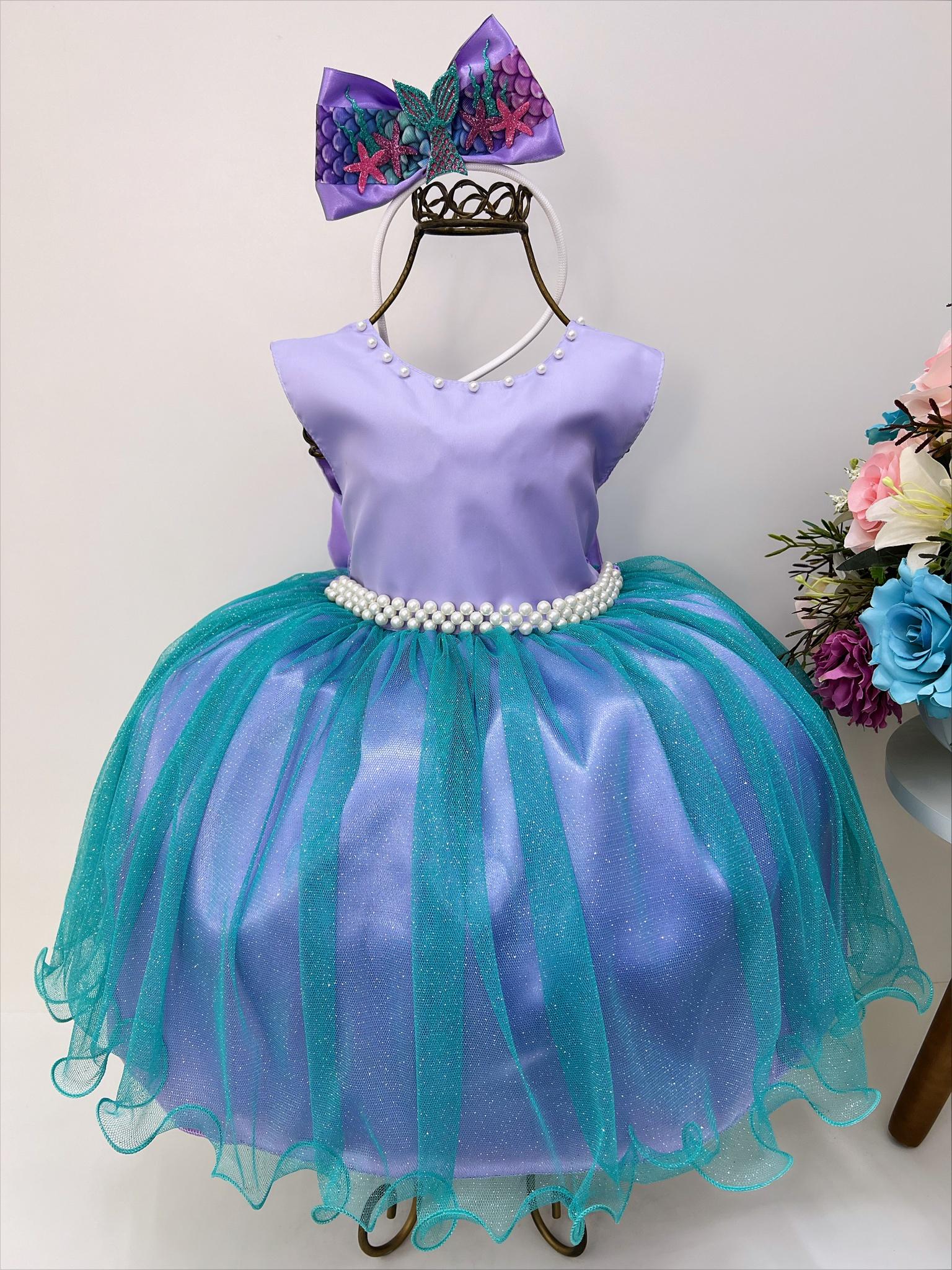 Vestido Infantil Princesa Ariel Lilás Tule Verde Luxo Pérola