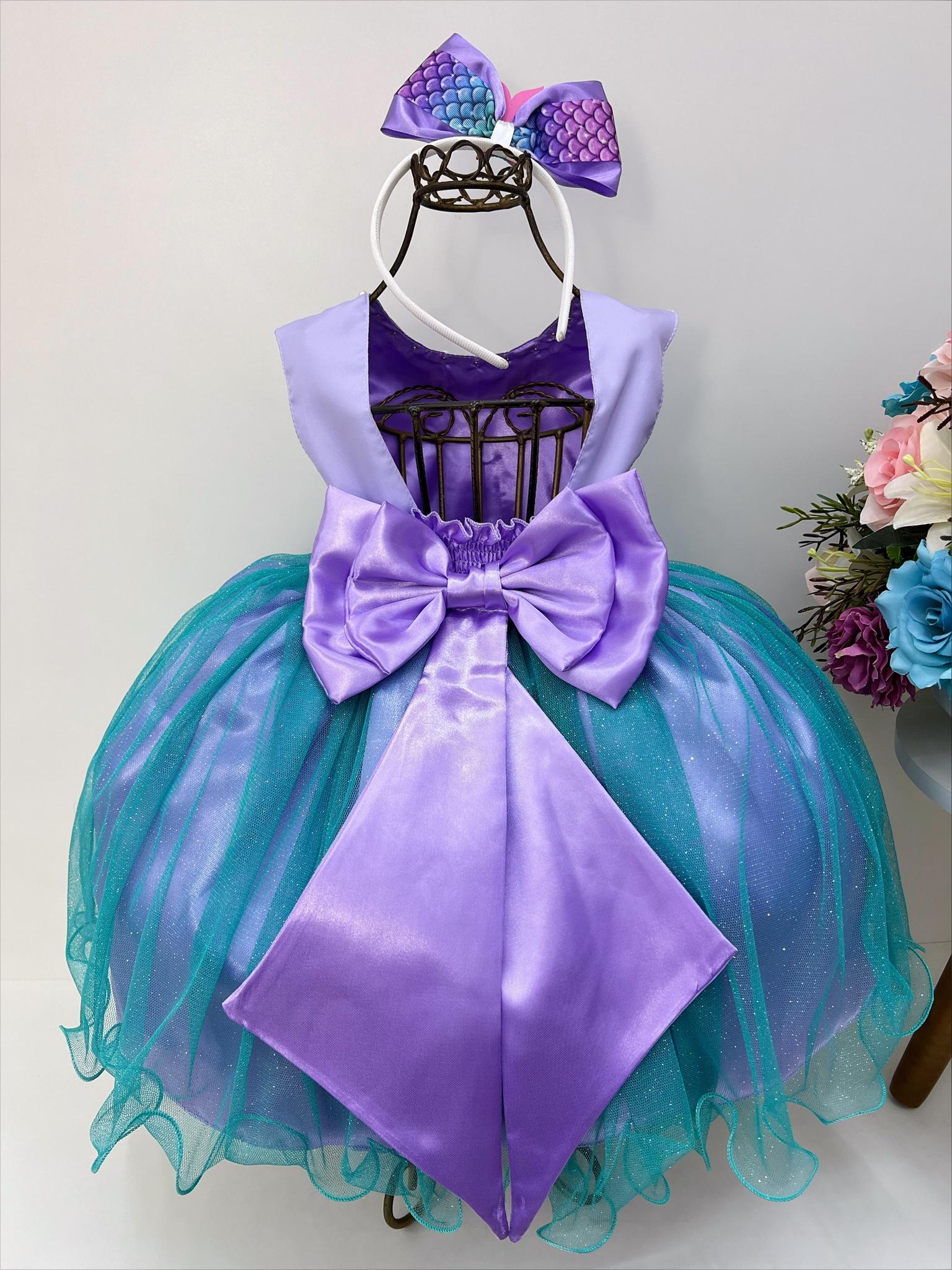 Vestido Infantil Princesa Ariel Lilás Tule Verde Luxo Pérola