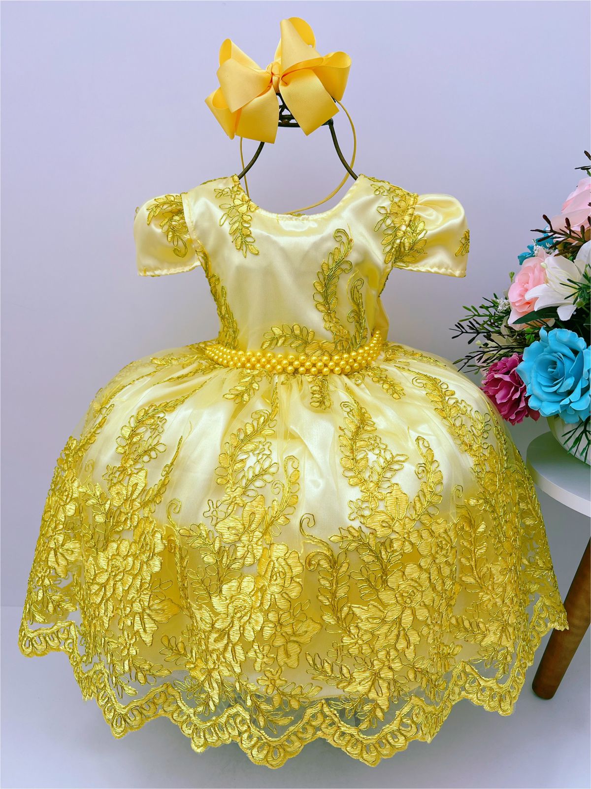 Vestido Infantil Realeza Amarelo Renda Luxo Princesas