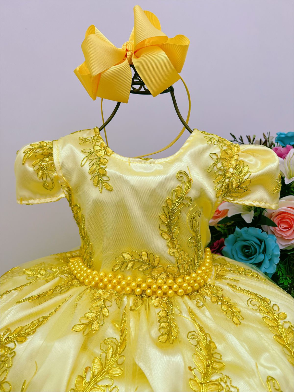 Vestido Infantil Realeza Amarelo Renda Luxo Princesas