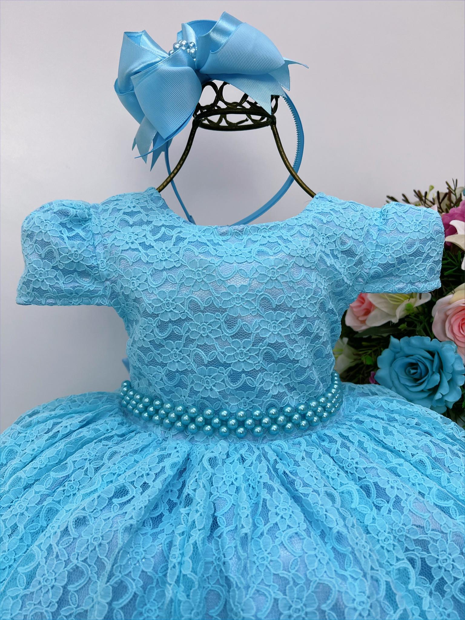 Vestido Infantil Realeza Azul Com Renda e Pérolas Festa Luxo