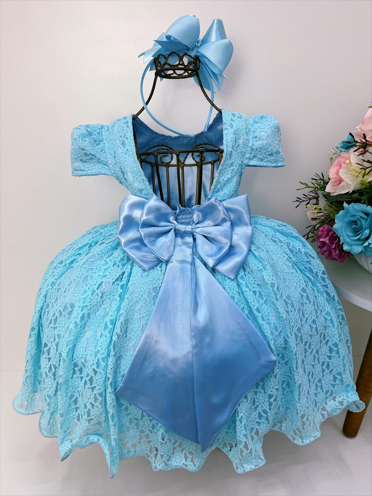 Vestido Infantil Realeza Azul Com Renda e Pérolas Festa Luxo