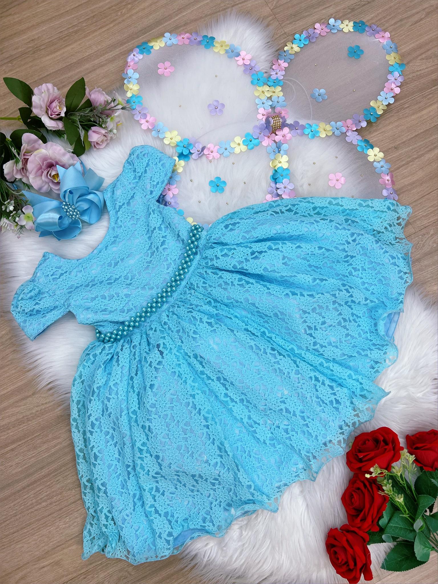 Vestido Infantil Realeza Azul Com Renda e Pérolas Festa Luxo