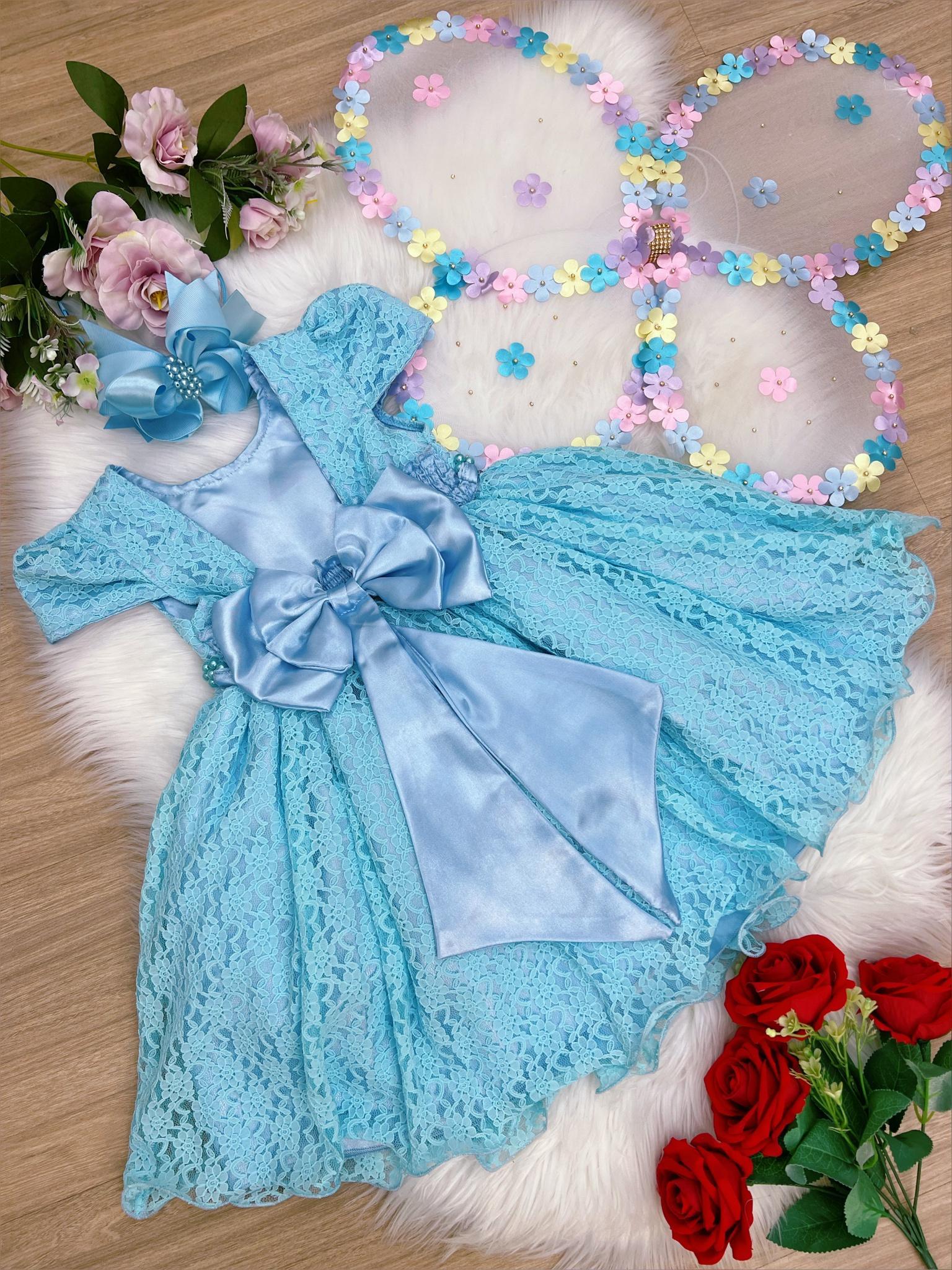 Vestido Infantil Realeza Azul Com Renda e Pérolas Festa Luxo