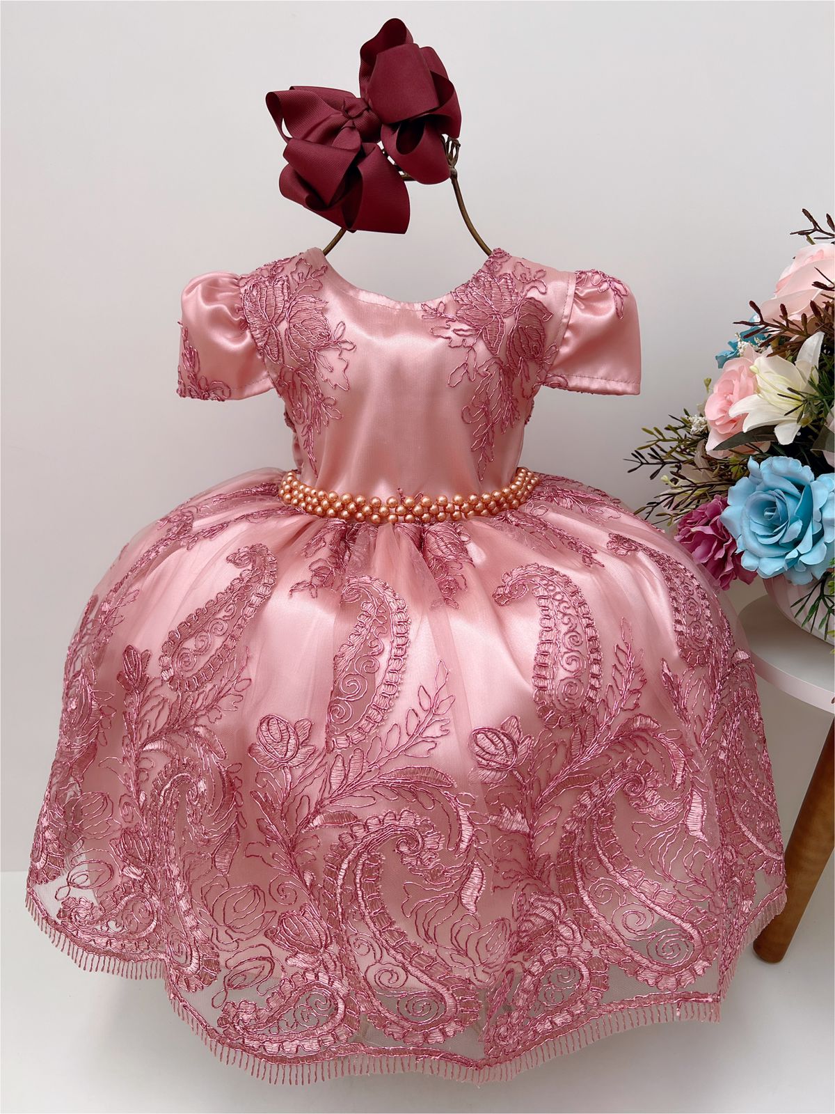 Vestido Infantil Realeza Rosê Com Renda de Luxo