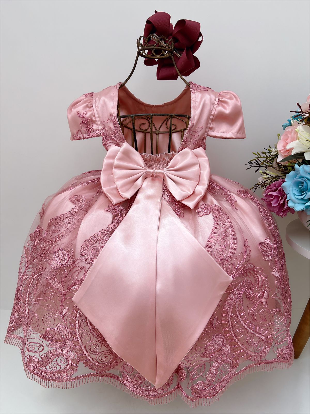 Vestido Infantil Realeza Rosê Com Renda de Luxo