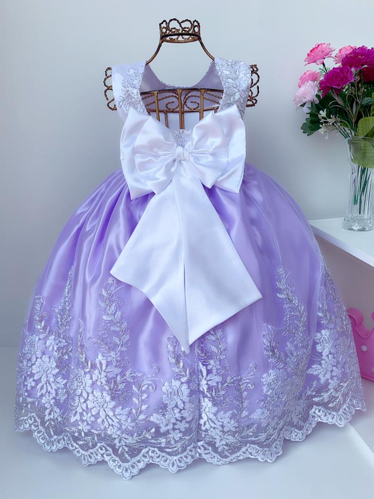 Vestido Infantil Realeza Saia Lilás Peito Branco Renda Luxo