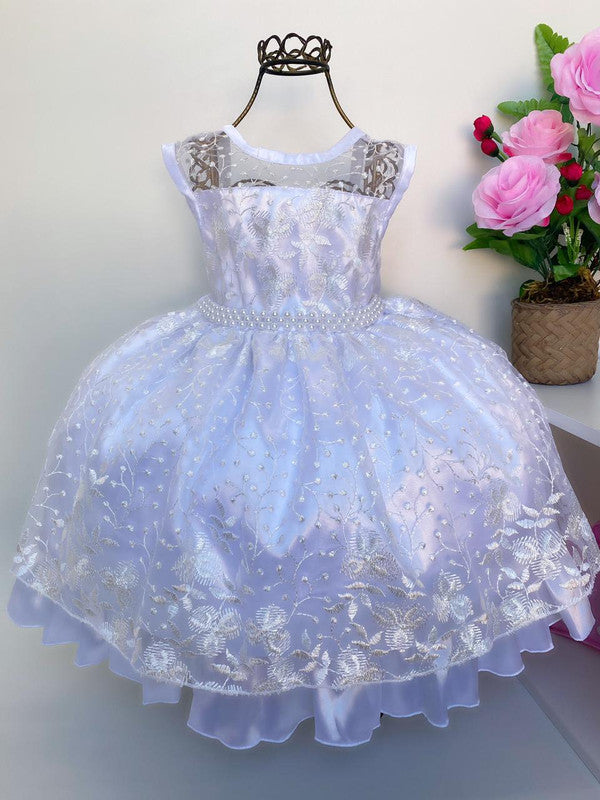 Vestido Infantil Renda Branca Luxo Daminhas Cinto Pérolas