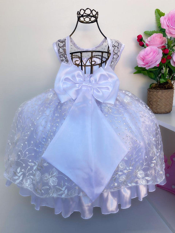 Vestido Infantil Renda Branca Luxo Daminhas Cinto Pérolas