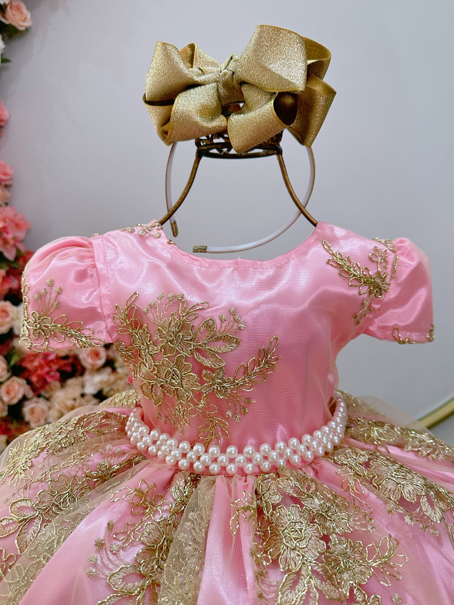 Vestido Infantil Rosa C/ Renda Realeza Metalizada Daminha