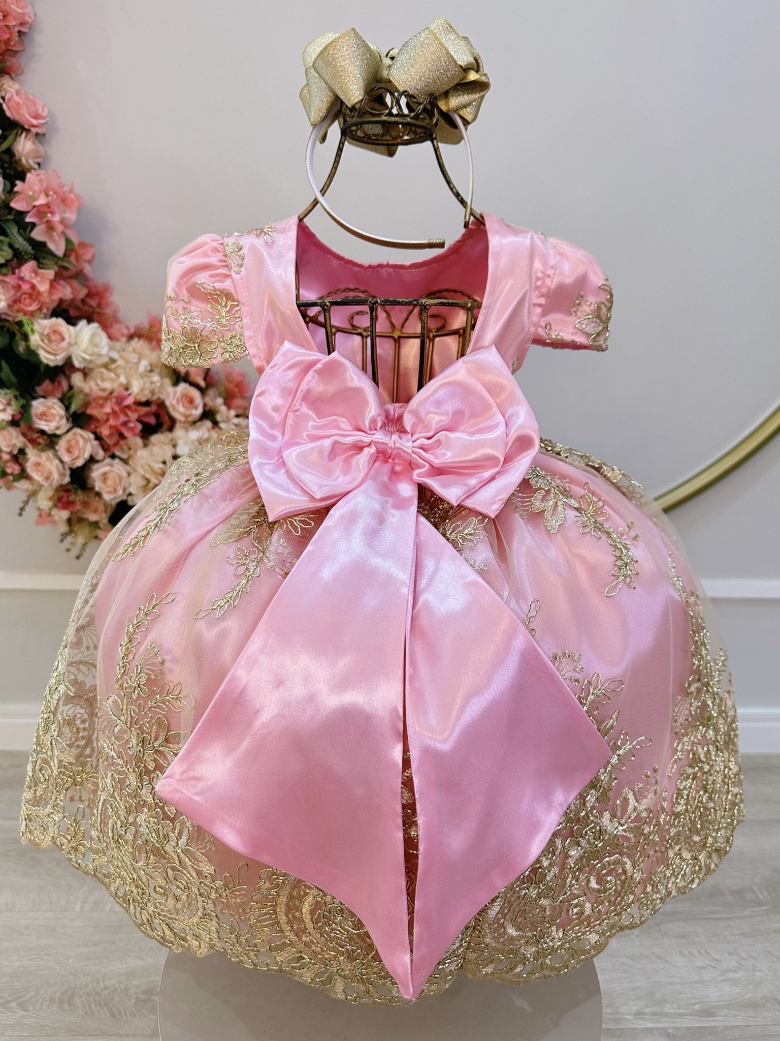 Vestido Infantil Rosa C/ Renda Realeza Metalizada Daminha