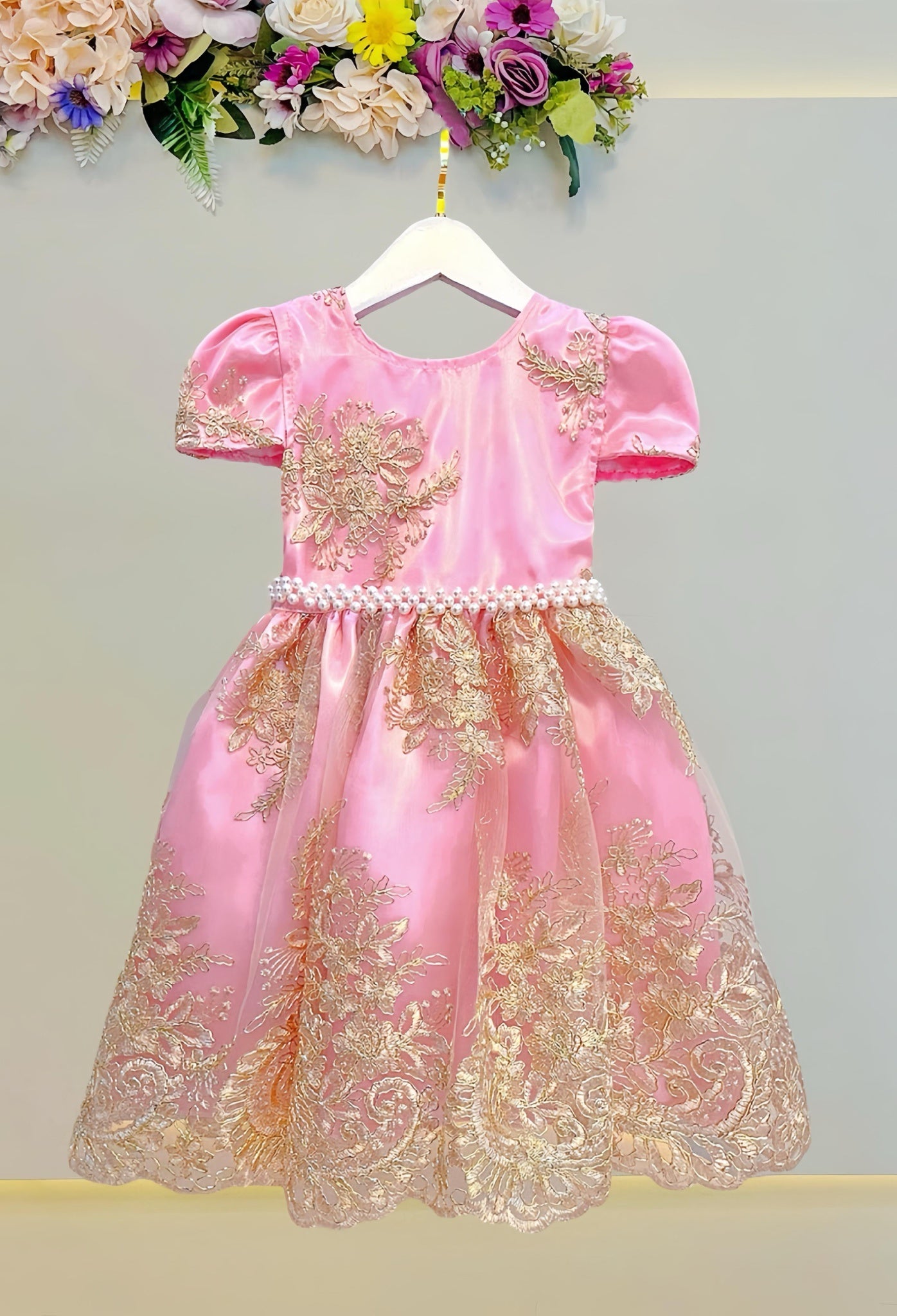 Vestido Infantil Rosa C/ Renda Realeza Metalizada Daminha