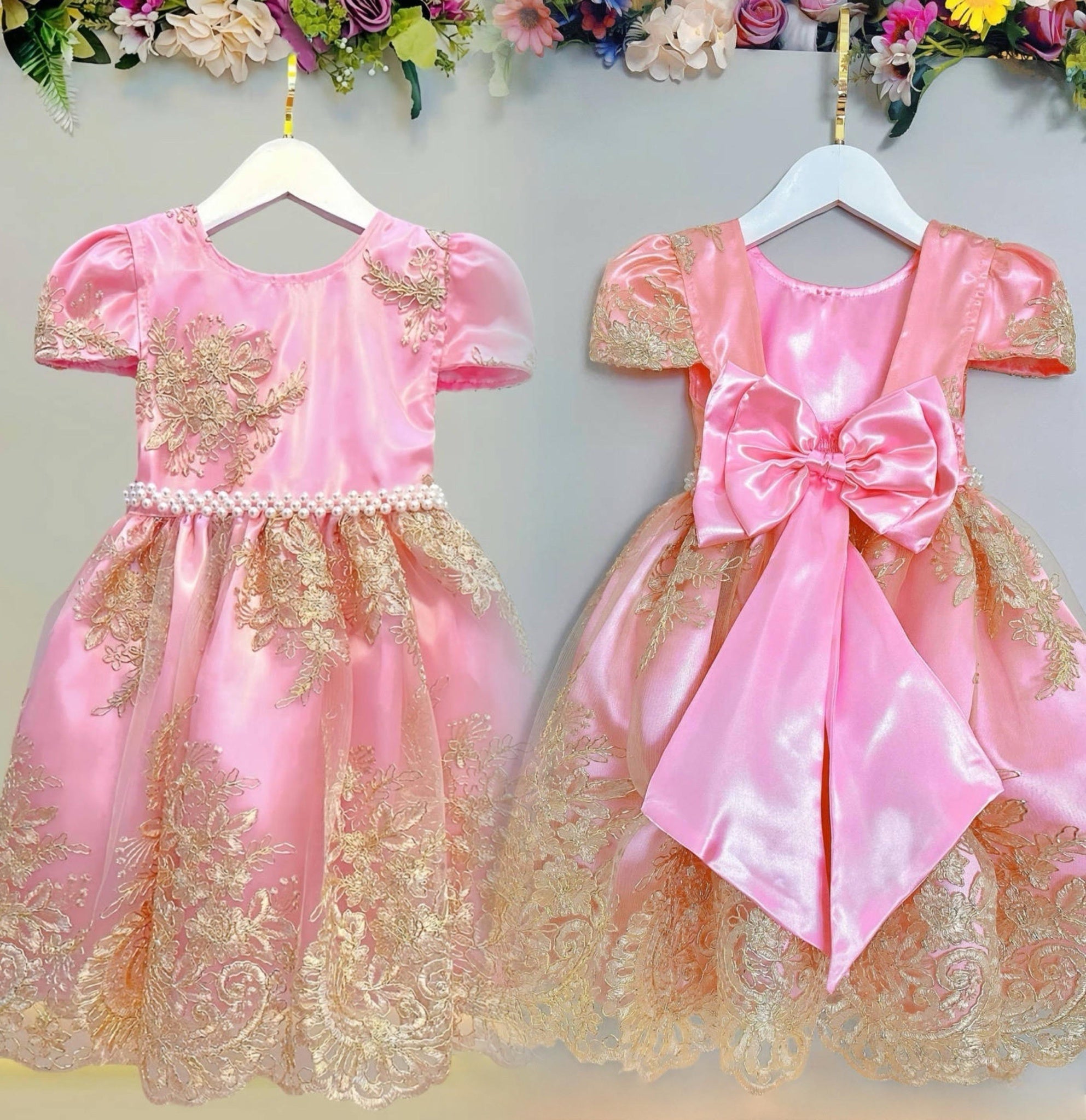 Vestido Infantil Rosa C/ Renda Realeza Metalizada Daminha