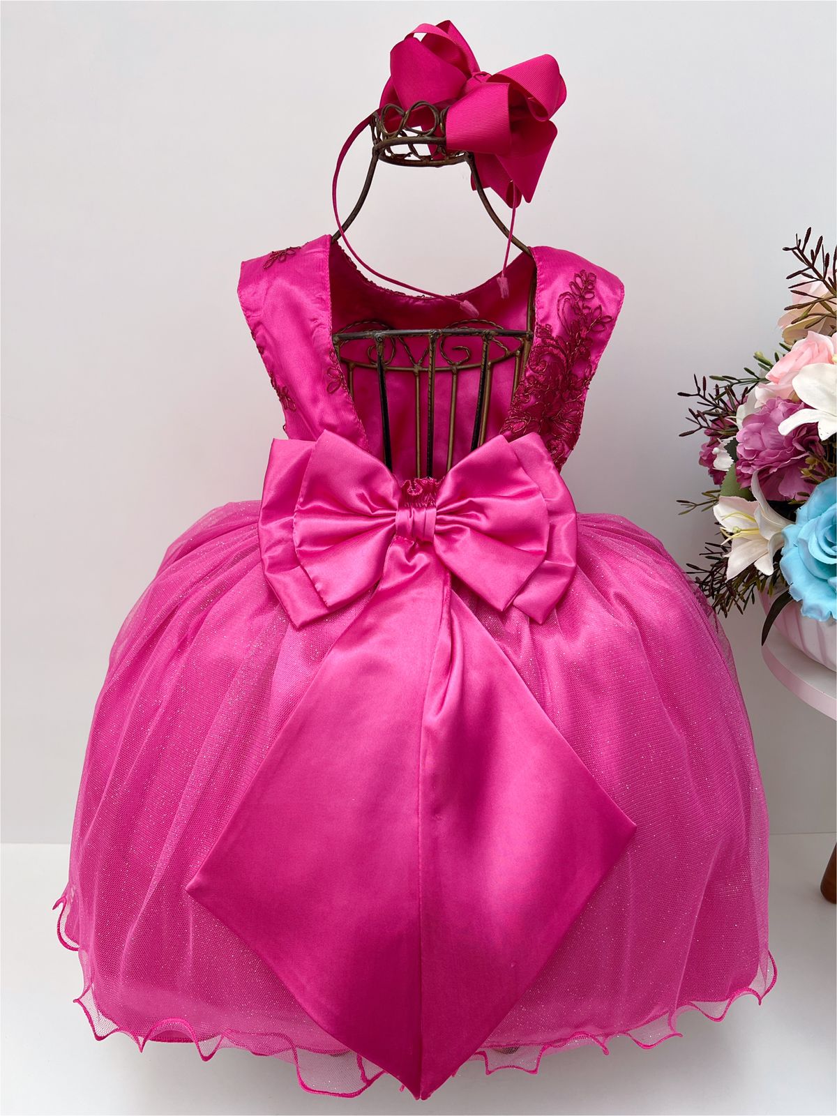 Vestido Infantil Rosa Chiclete Renda Cinto Strass Brilho