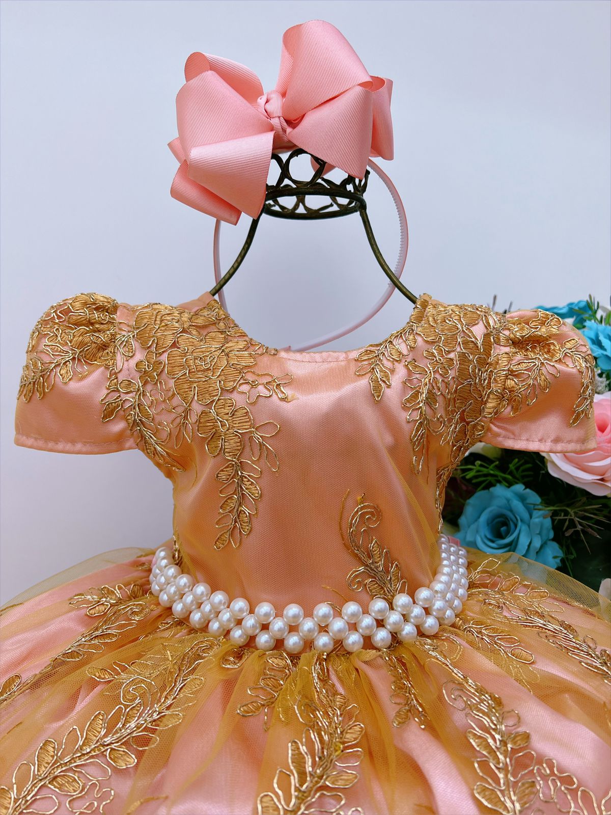 Vestido Infantil Rose Renda e Tule Dourado Realeza Damas