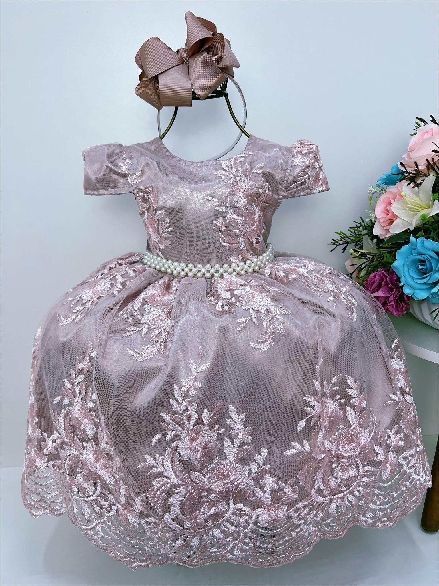 Vestido Infantil Rose Renda Realeza Cinto de Pérola
