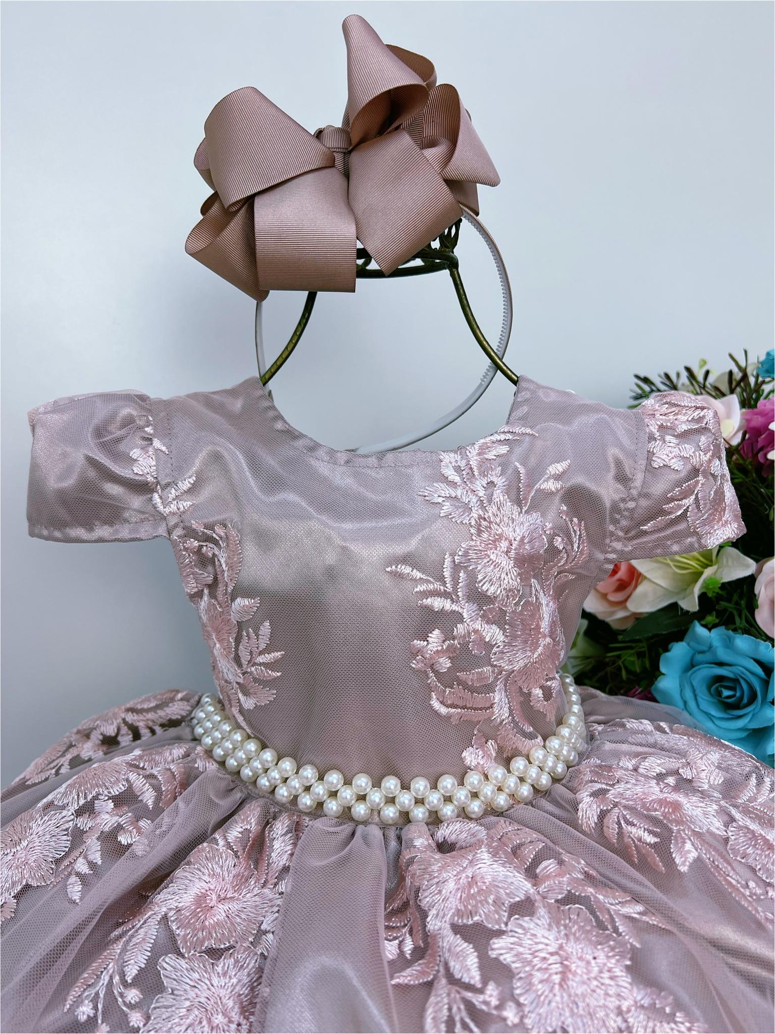 Vestido Infantil Rose Renda Realeza Cinto de Pérola