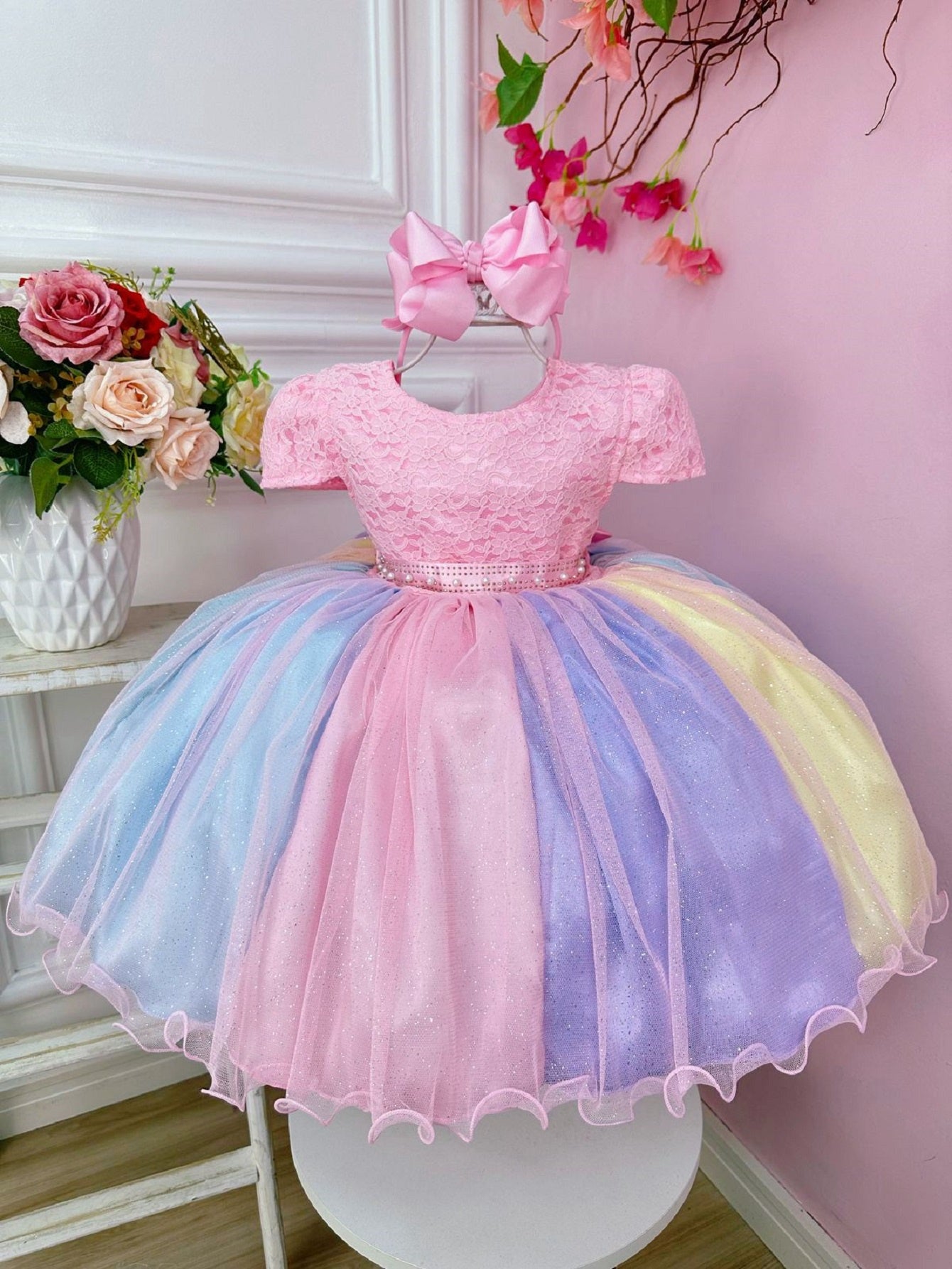 Vestido Infantil Unicórnio Chuva de Amor Arco Iris Festa Luxo